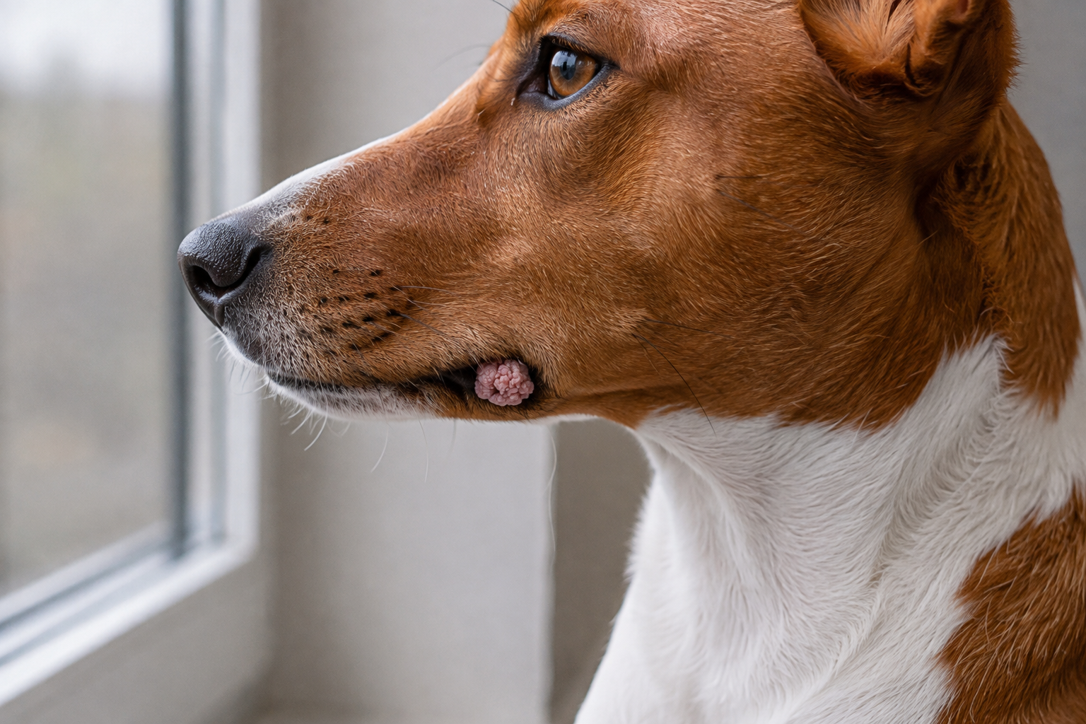 Mladý basenji čeká na veterinární vyšetření papilomu u tlamy